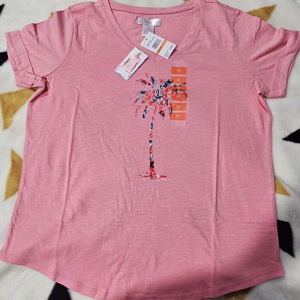 Pink Graphic T-Shirt with Palm Tree Design